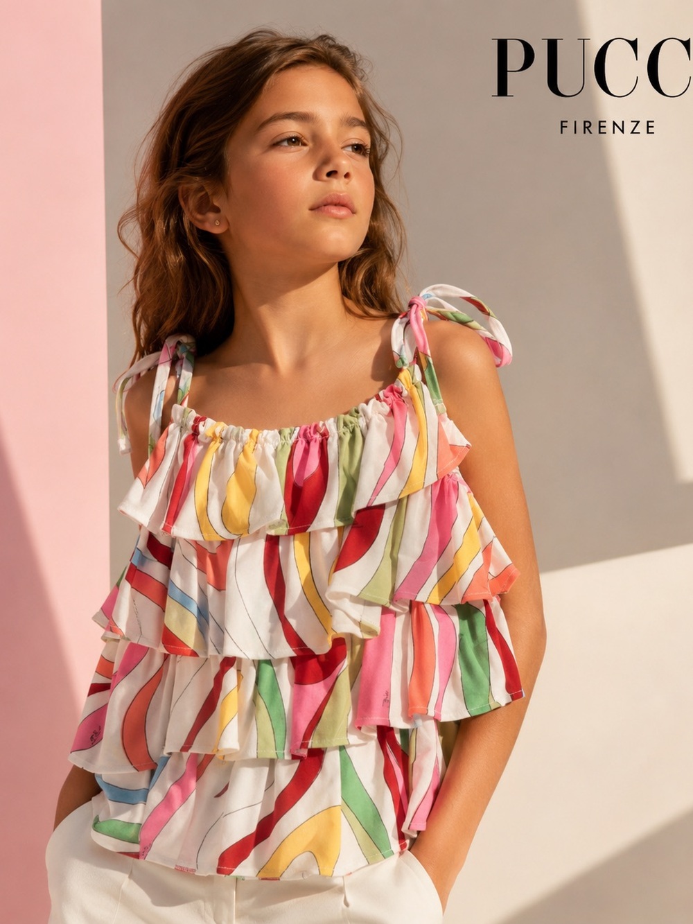 Emilio Pucci Girls Signature Print Tiered Ruffle Top Size 12Y Multicolor NWT - Picture 2 of 3